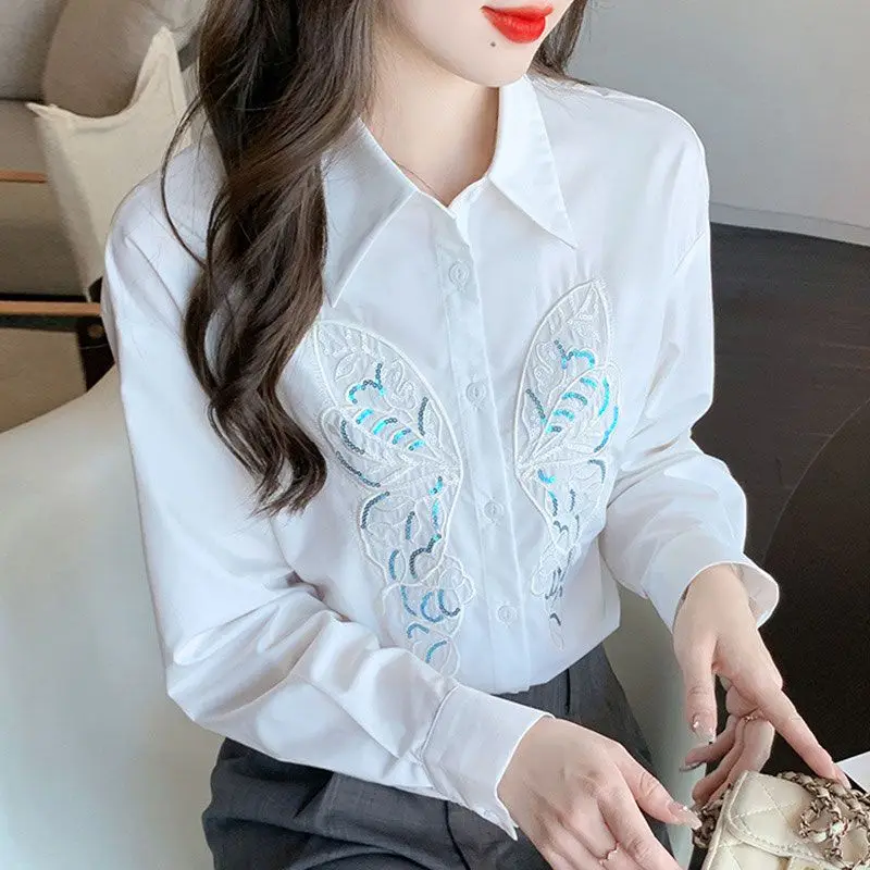 Spring Autumn New Fashion Turn-down Collar Long Sleeve Blouses Women's Clothing Solid Embroidery Button All-match Chic Shirts