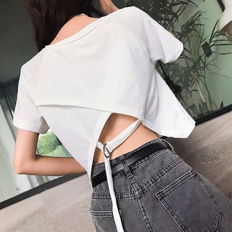 Summer New Irregular Hollow Out Trend T Shirts Short Sleeve Solid Color Loose Sexy Short Tops Tees Casual Fashion Women Clothing