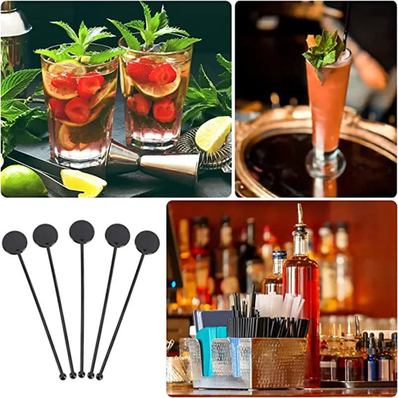 Plastic Cocktail Stirring Stick Drink Muddler Beverage Stirrer Swizzle Sticks Bar Cocktail Drinks Mixing Rod (Black)