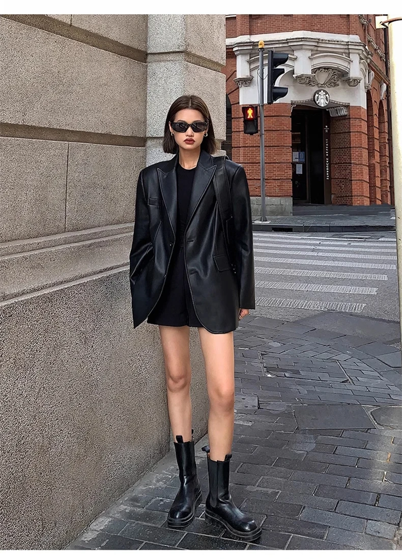 Lautaro Autumn Black Brown Soft  Pu Leather Blazer Women Shoulder Pads Long Sleeve Single Breasted Loose Casual Korean Fashion