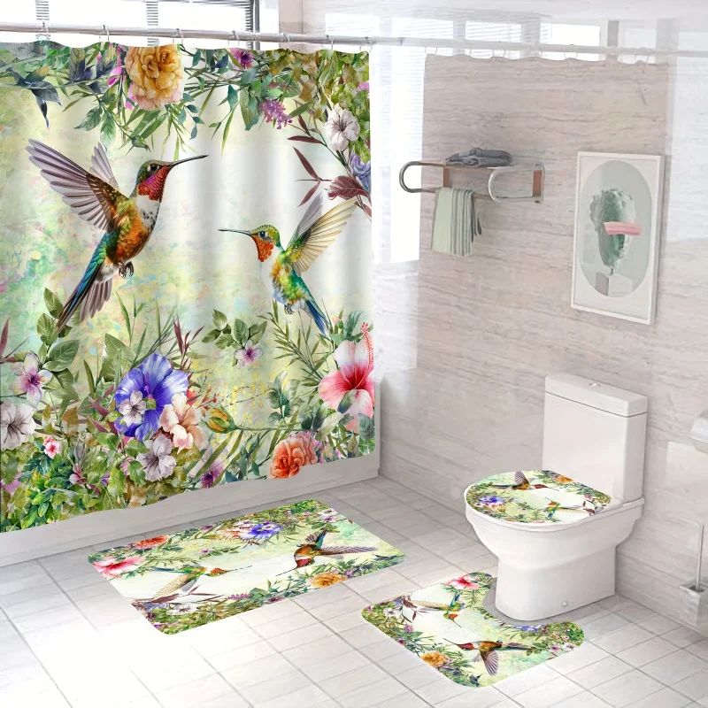 1/4pcs Hummingbird Set, Purple Floral Blossoming Flower Green Leaves Shower Curtain for Bathroom Decor Acc