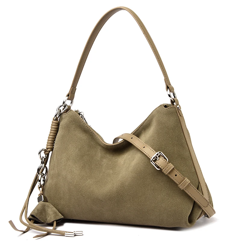 100% Echtes Wildleder Damen Schulter-Umhängetaschen Retro Echtleder Handtasche Designer Große Kapazität Pendler-Handtaschen – Detail 16