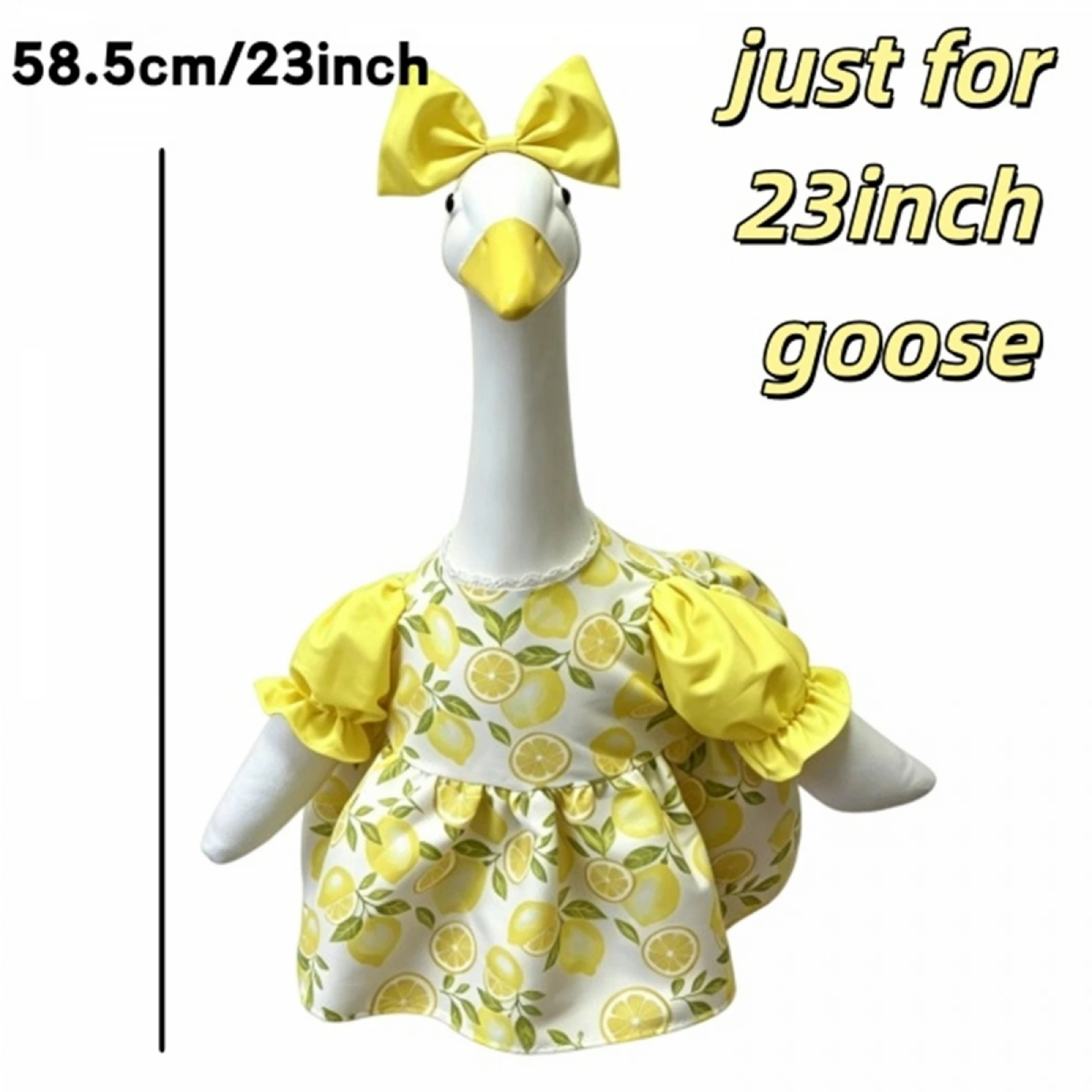 Porch Goose Summer Outfit Lemon Print Dress and Bow Headband for 23 Inch Lawn Goose Statue Clothes