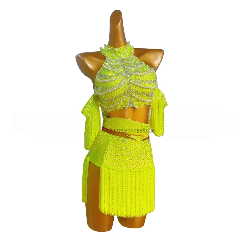 

Latin Dance Performance Costume Women's Water Diamond Pearl Tassel Hanging Neck Backless Dance Performance Costume