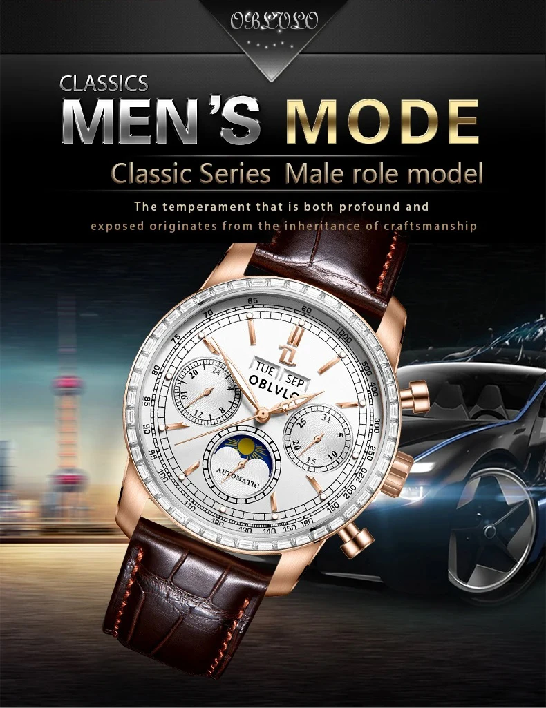 OBLVLO ساعة أوتوماتيكية للرجال 42 مللي متر ساعة يد ميكانيكية عتيقة 50 متر مقاومة للماء LumeSapphire مرآة متعددة الطلب شهر أسبوع