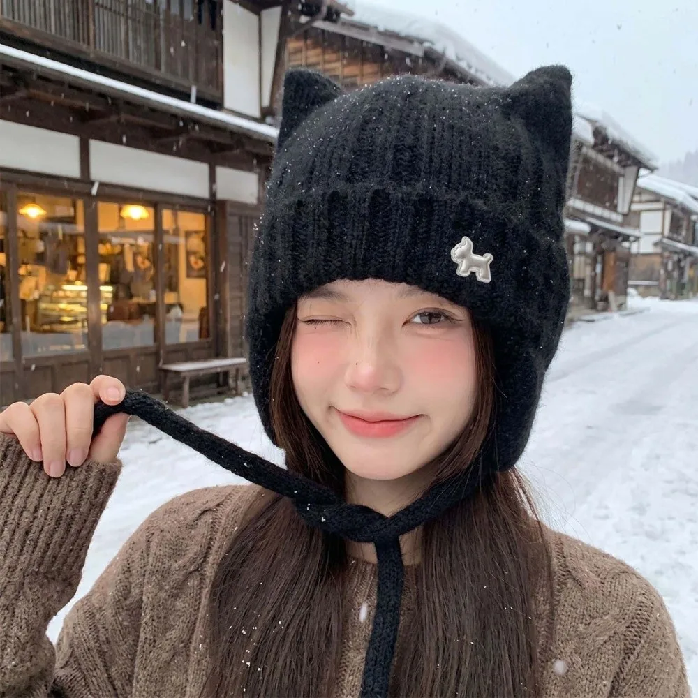 Loose Fit Cat Ears Hat Soft Texture Windproof Design Winter Knit Beanie Ear Protection Solid Color Ear Flap Cap Chilly Days