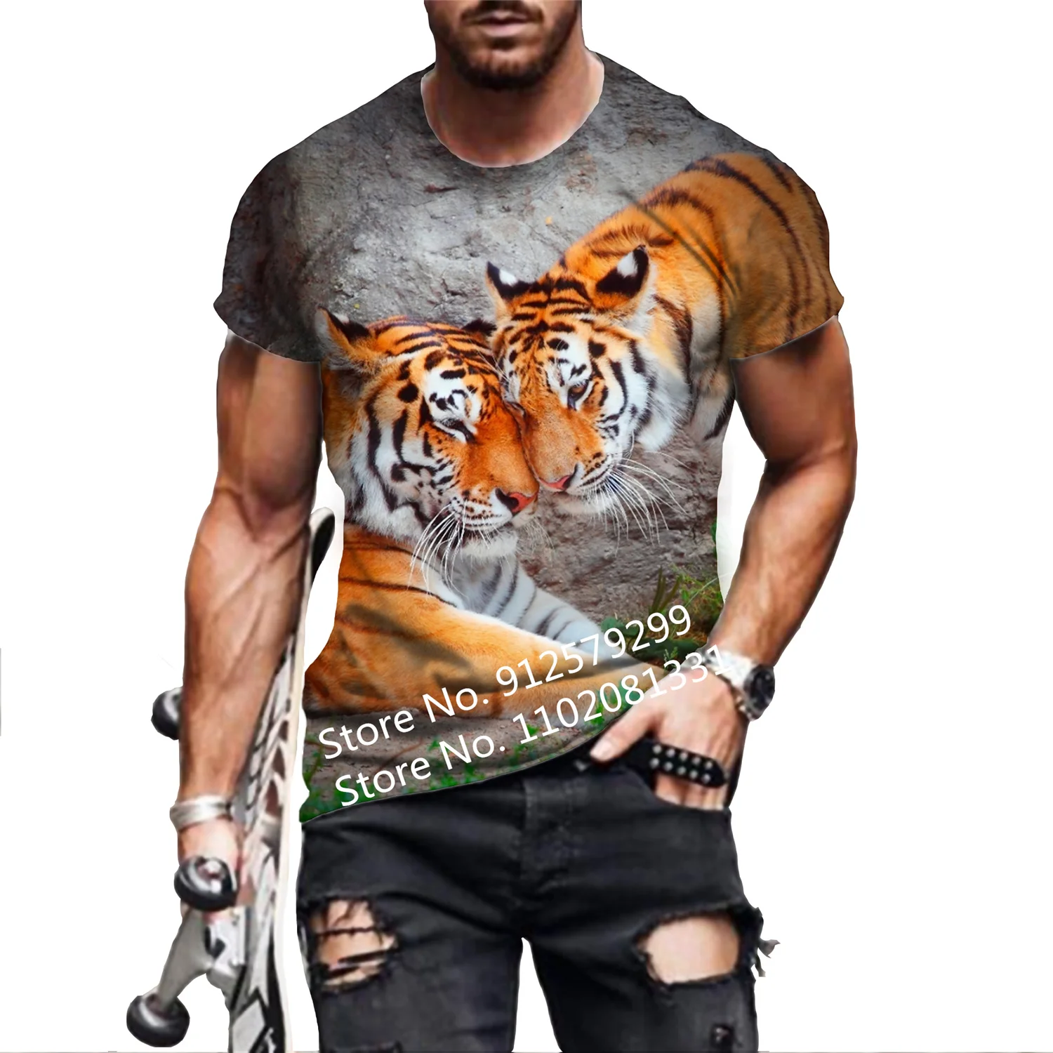 Fashion Mens Tee Shirt Round Neck T-shirt Ferocious Animal Tiger Lion 3D Printing Short Sleeve T Shirt