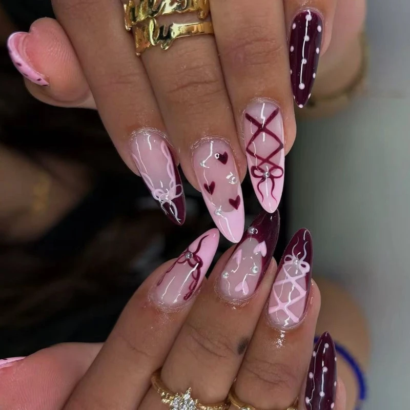 

24PCS Almond Press on Nails with Sweet Cute Bow Love Heart Red Rose Petal French Design Romantic False Nails Gentle Fake Nail 네일