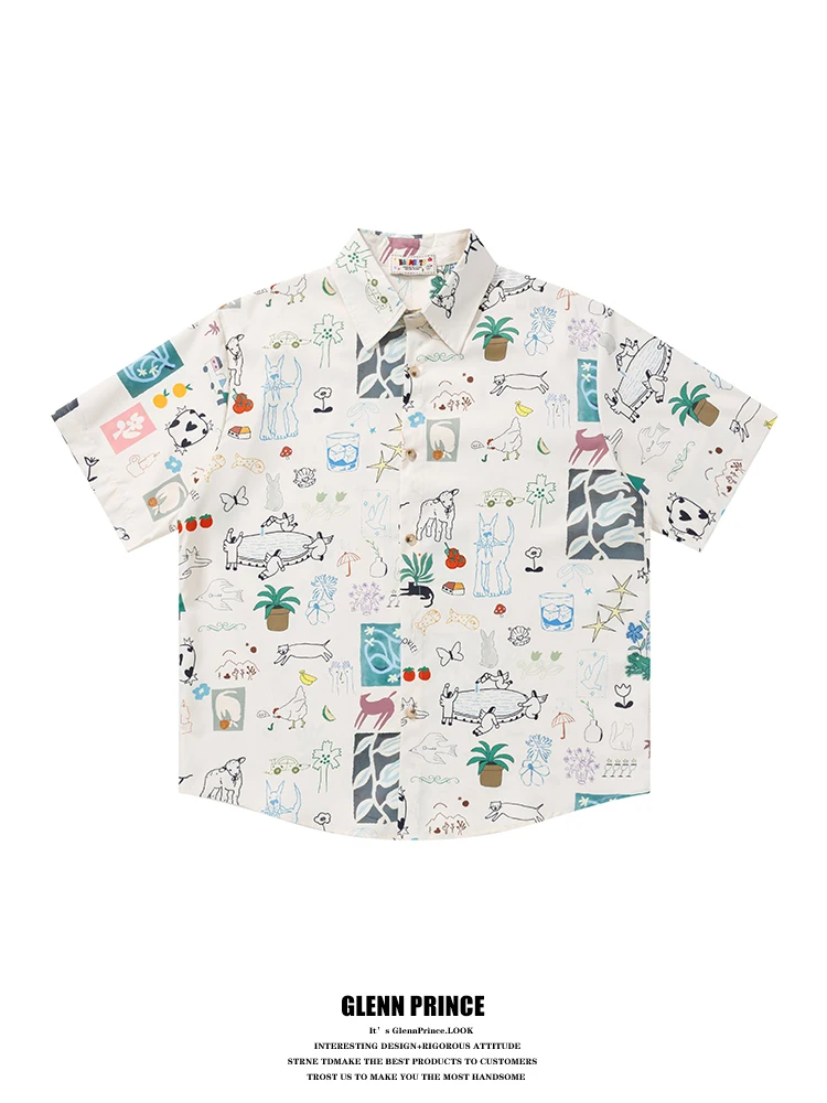 

GPstudio Japanese Style Graffiti Print Short Sleeve Hawaii Beach Men's Shirt Loose Fit Polyester Fiber Breathable Summer Shirt
