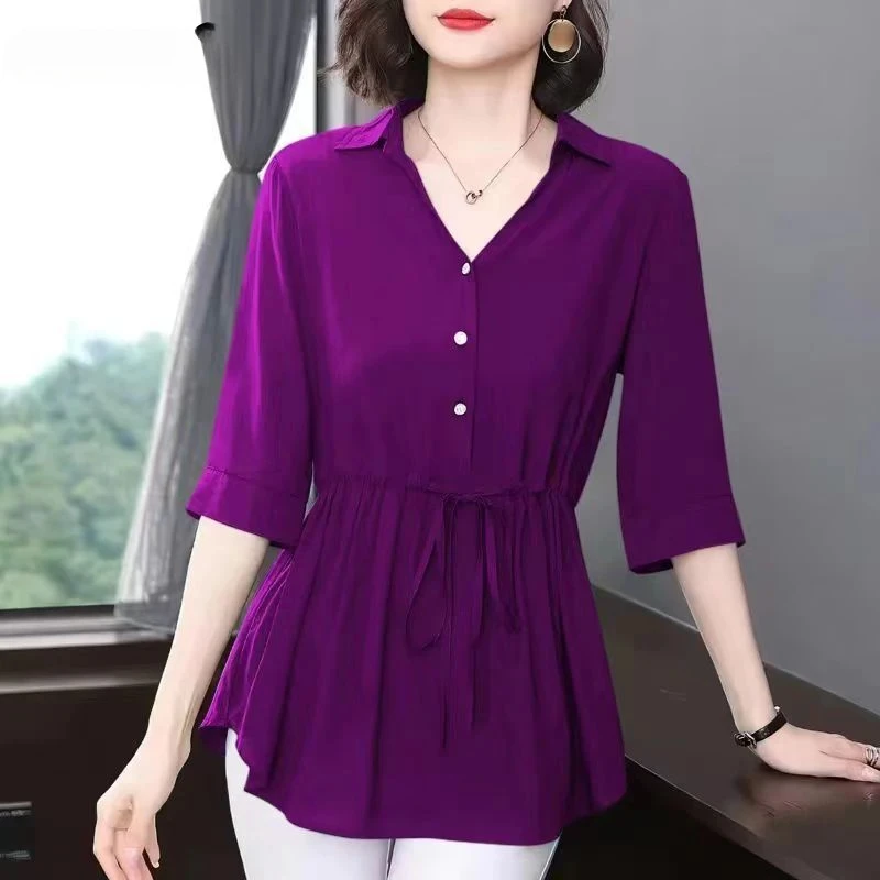 

Women Clothing Summer Fashion Elegant Lace Up Slim Shirt Solid V Neck Half Sleeve Office Lady Blouse Irregular Tunic Tops ZT408
