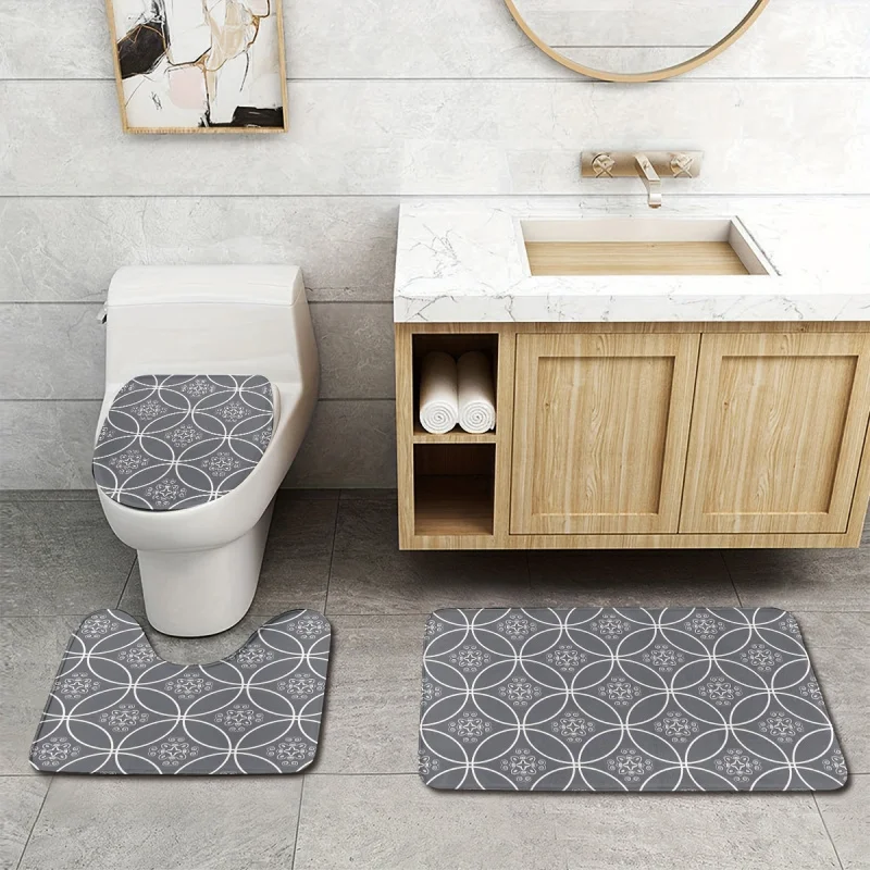 3 pcs/set retro round pattern printed floor mat, three-piece bathroom mat set, non-slip mat, water-absorbent mat, toilet lid mat