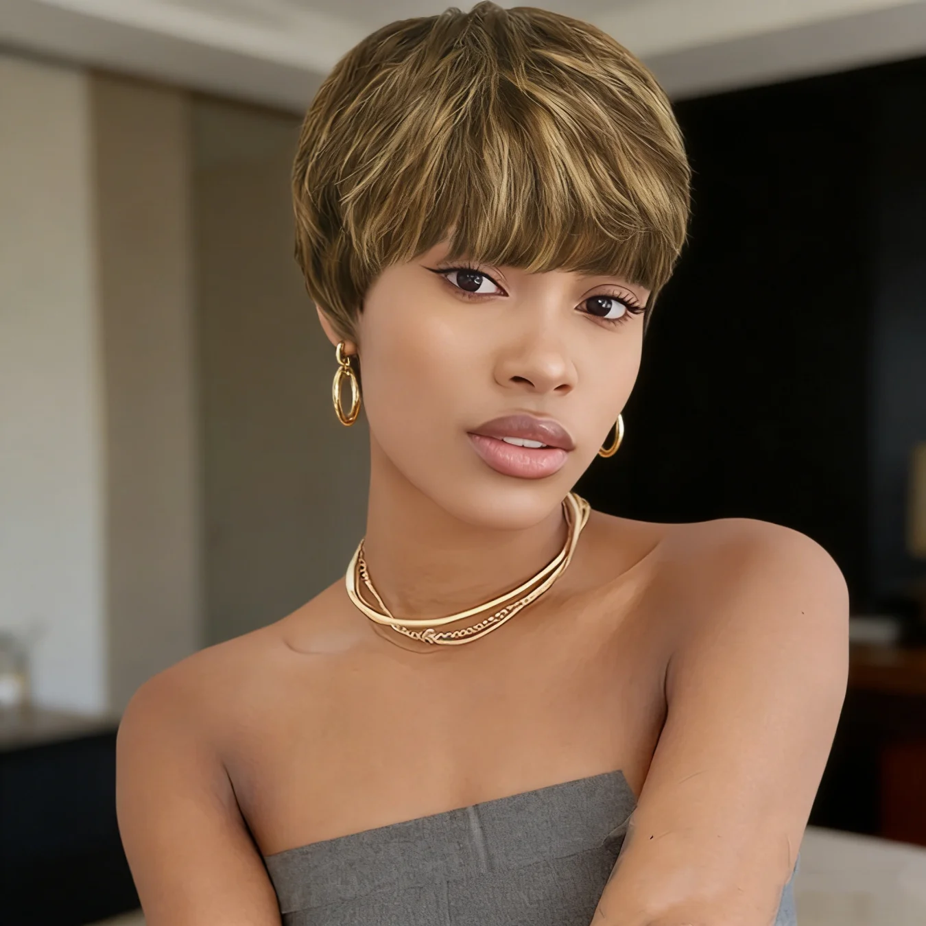 P4/27 Mixed Brown Highlight Pixie Cut Wig Human Hair for Women Short Straight with Bangs 180% Density Natural Look Versatile St image 5