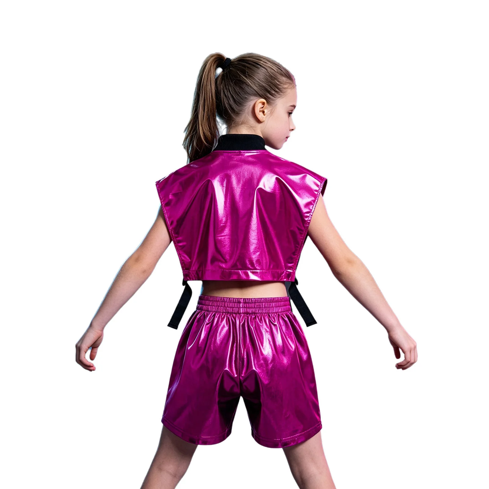 Kinder Mädchen Hip-Hop Jazz-Tanz-Outfit Aufführungskostüm mit seitlich geöffneter Metallweste mit Reißverschluss und seitlichen Druckknöpfen sowie glänzenden Shorts – Detail 12