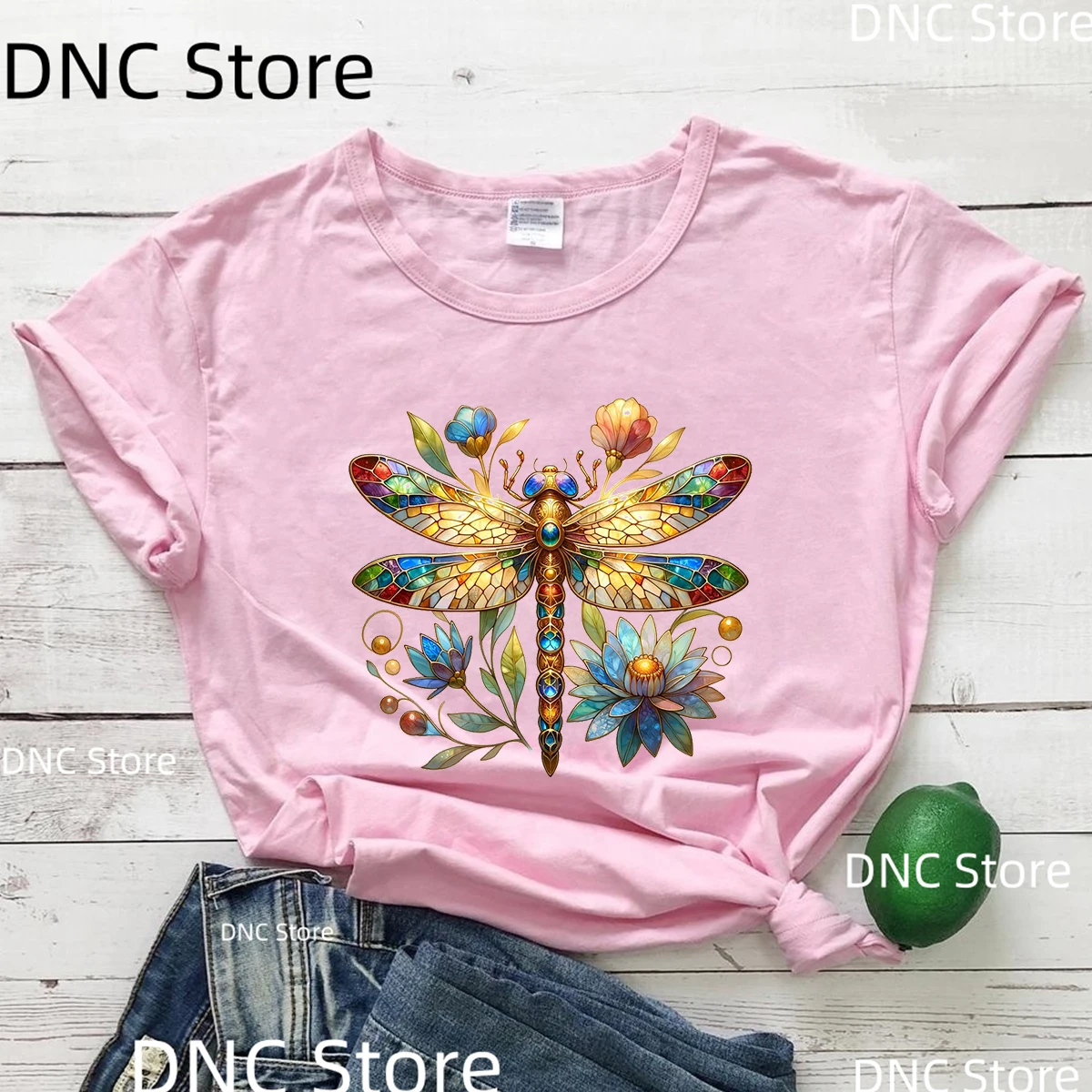 Colorful Dragonfly Printed T-Shirt Women Fashion Harajuku Retro Female Tshirt Summer Pink Shirt Short Sleeve Top Dropshipping