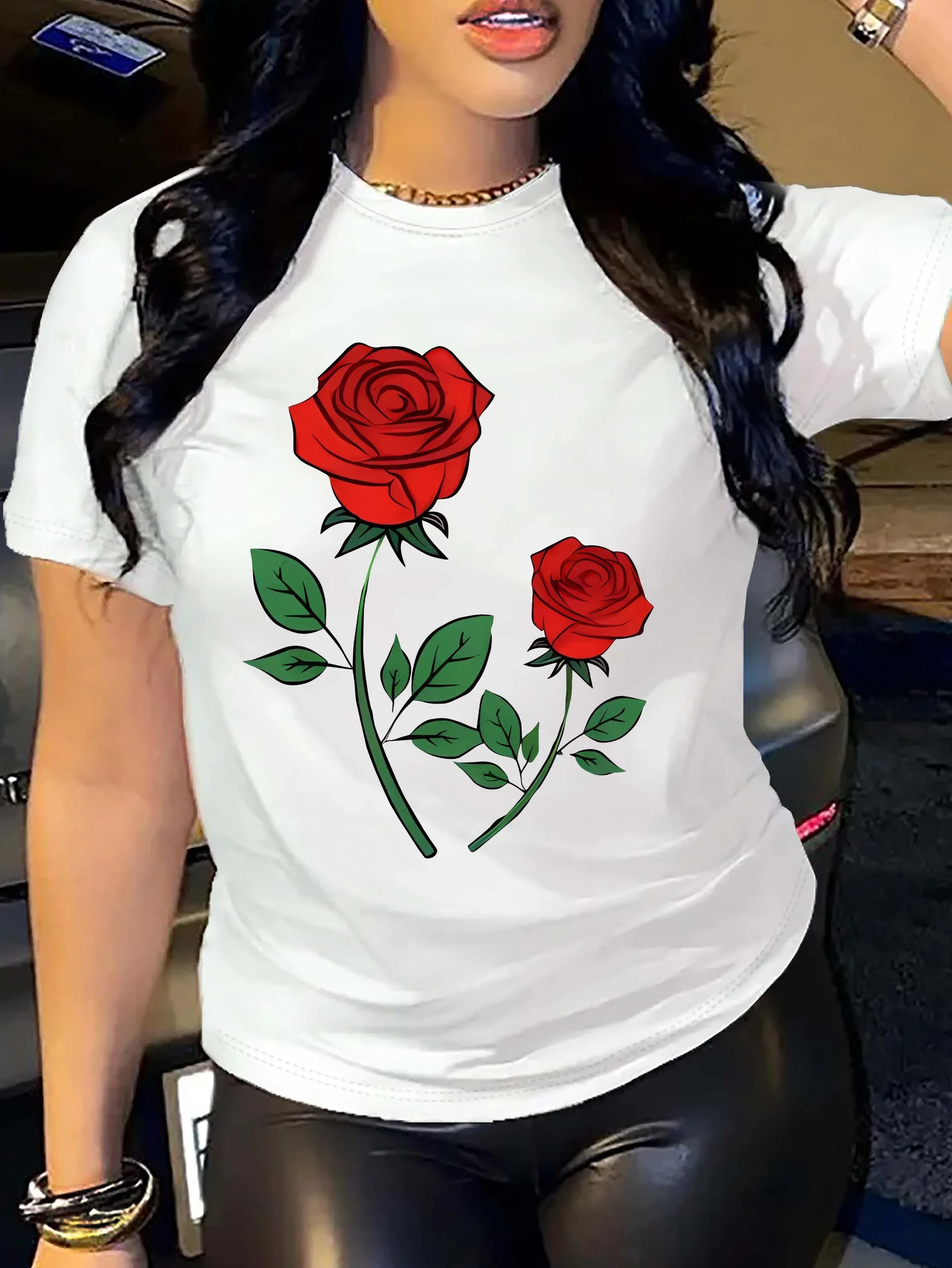 Red Rose Floral Pattern TShirt Casual Suitable Harajuku Sleeve Casual Women's Tshirt Clothing Street Aesthetic Clothes