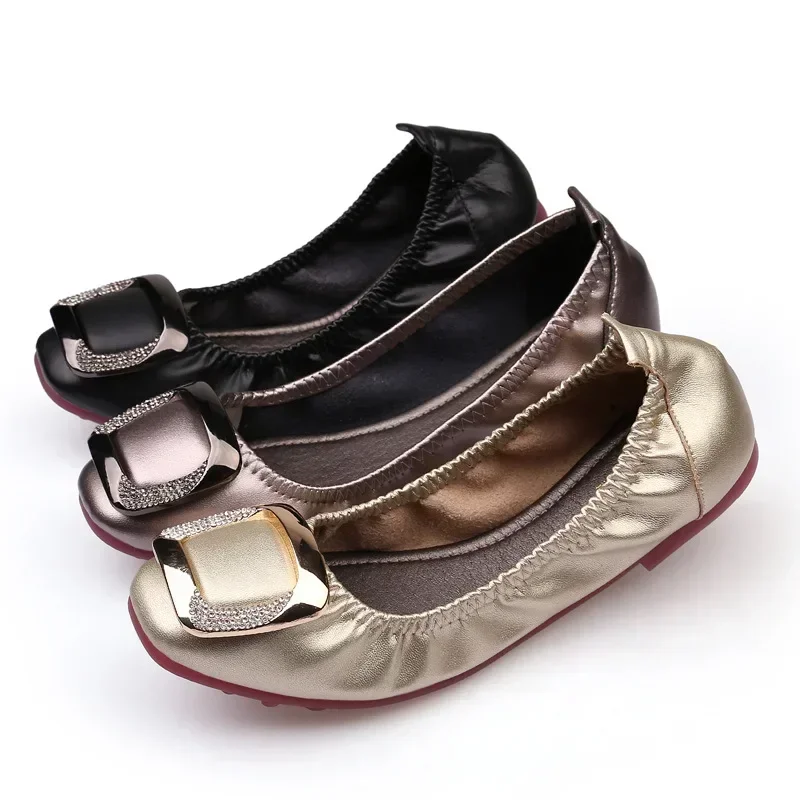 Soft Leather Crystal Buckle Roll Up Flat Slip on Mules Women Shoes Spring Lazy Comfy Mocassin Femme Plus Size 41 Pregnant Flats