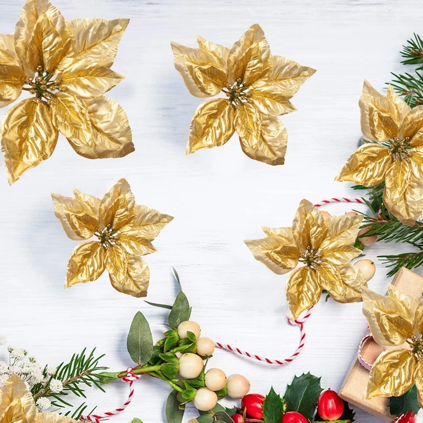 

10PCS Artificial Flower Clip Gold Wedding Party Scrapbook Needlework Home Decor Christmas Tree Garland Outdoor Yard Diy Gift Box