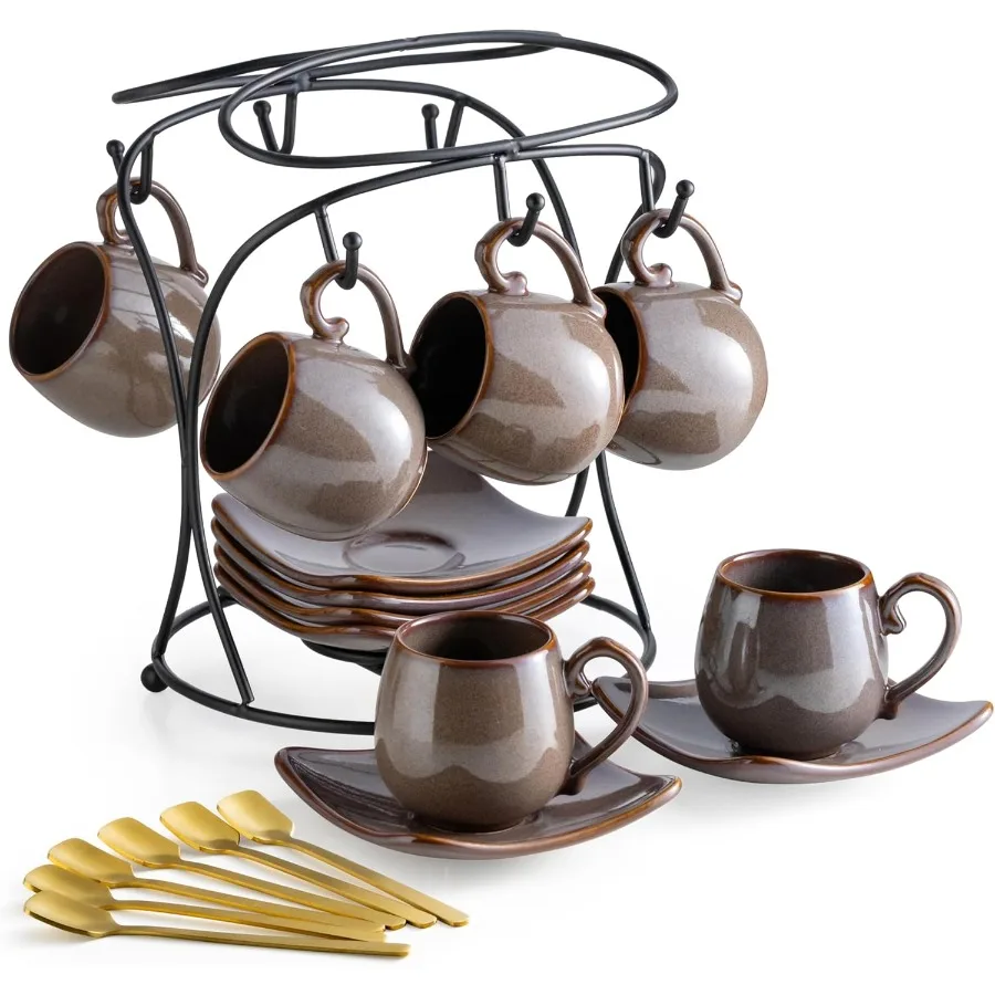 

3oz Ceramic Espresso Cups with Saucers Set of 6 Including Holders and Spoons Small Demitasse Coffee Cups Ideal for Espresso Lat