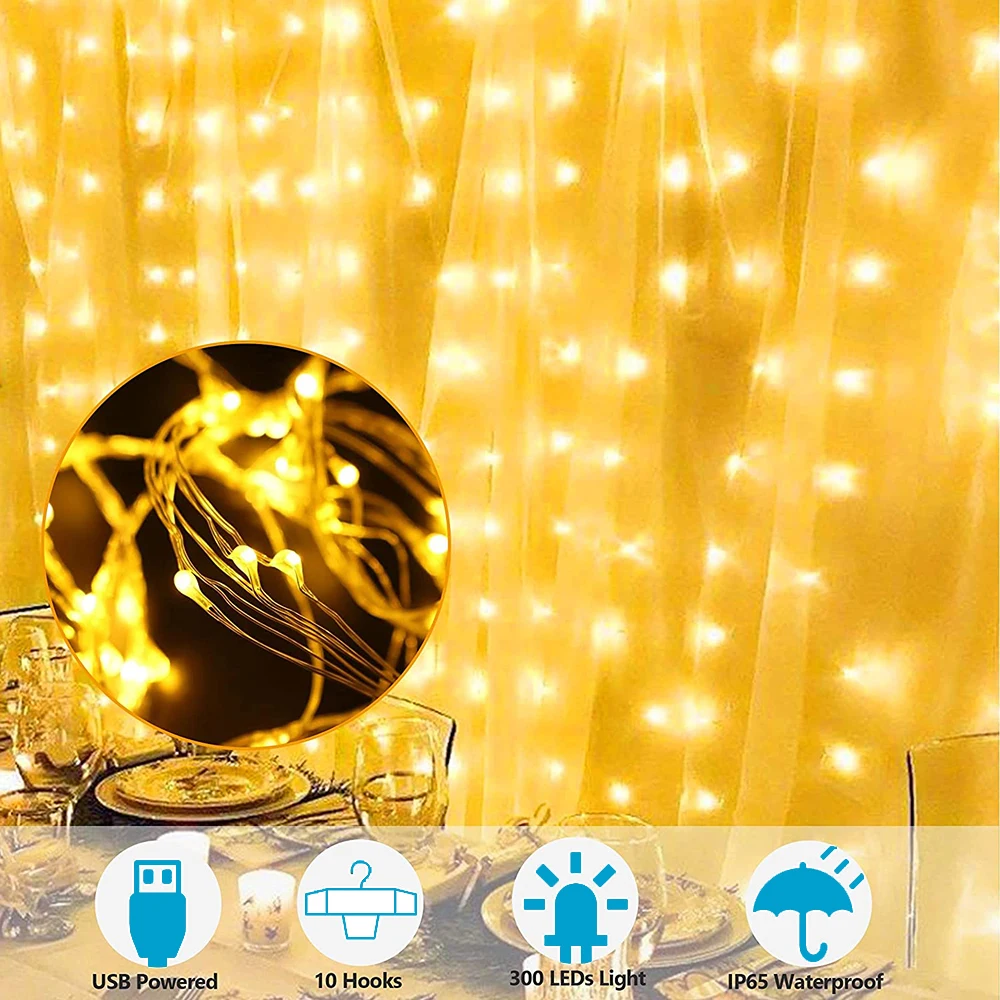 Luzes de Cortina de Janela com Controle Remoto, USB, 8 Modos, Guirlanda para o Natal, Festa de Casamento, Feriados, Decoração do Quarto, 3m