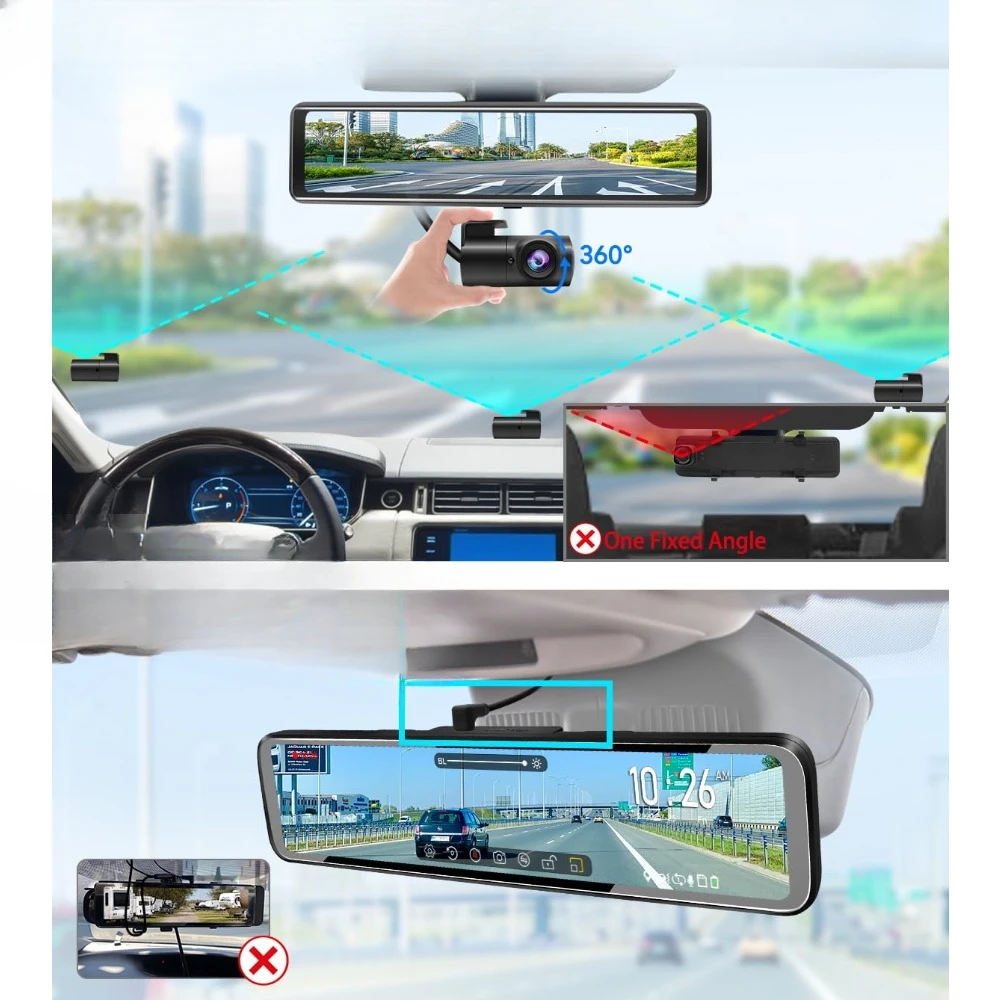 Screen HD 1296P,Car Backup Rear View Mirror Camera Dual Lens with Sensor,Super Night Vision,Parking Assistance