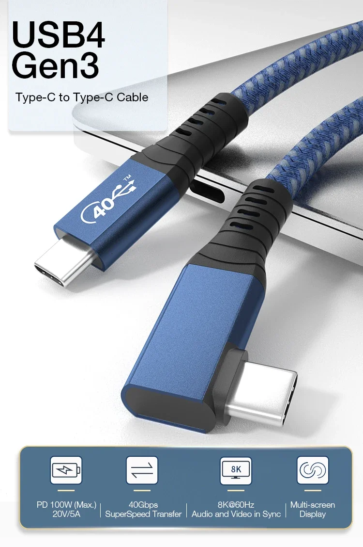 Кабель USB4 40 Гбит/с, 1 м, угловой кабель USB 4,0, штекер типа C, PD, 100 Вт, быстрая зарядка, совместимый угловой кабель Thunderbolt 3 4