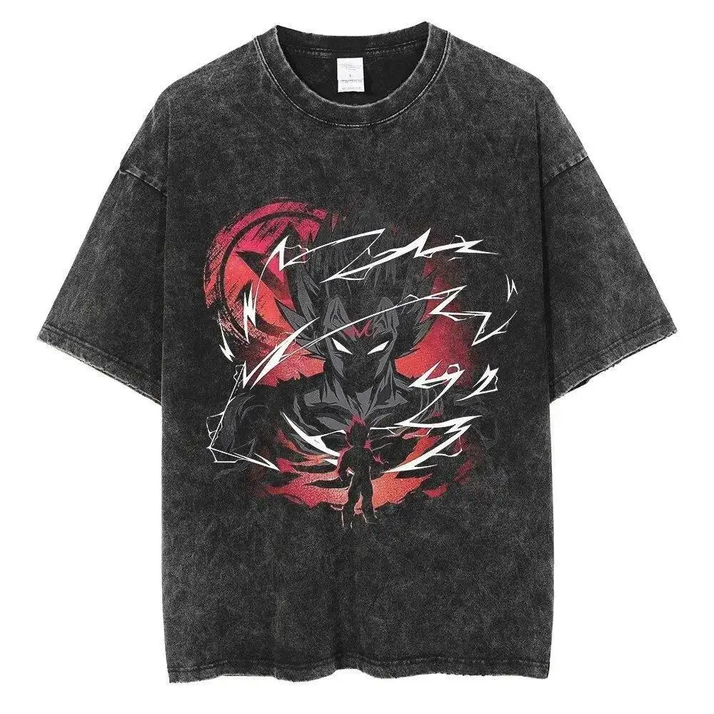 

2025 Hot BANDAI New Washed Retro Street Hip Hop Animation Dragon Ball Cartoon Print Dark Summer Short Sleeve Loose T-shirt