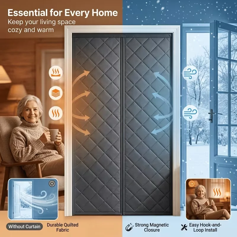 1pc Magnetic Thermal Door Curtain, Insulating Cover Blanket for Winter, Sliding Glass & Patio Doors, Cold Blocking, Gray