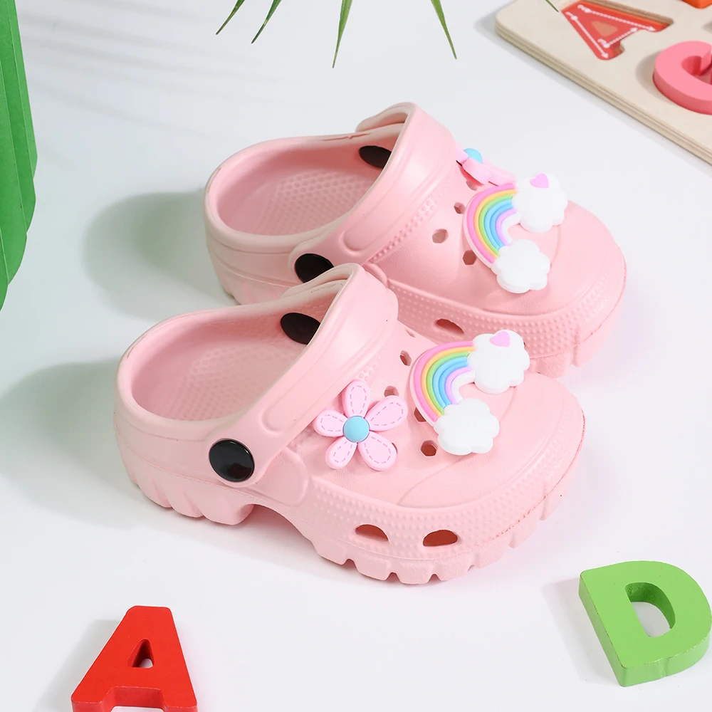 Cute Rainbow DIY Design Breathable Girl's Casual Hole Slippers Non-Slip Sandals for Indoor Outdoor Beach Garden