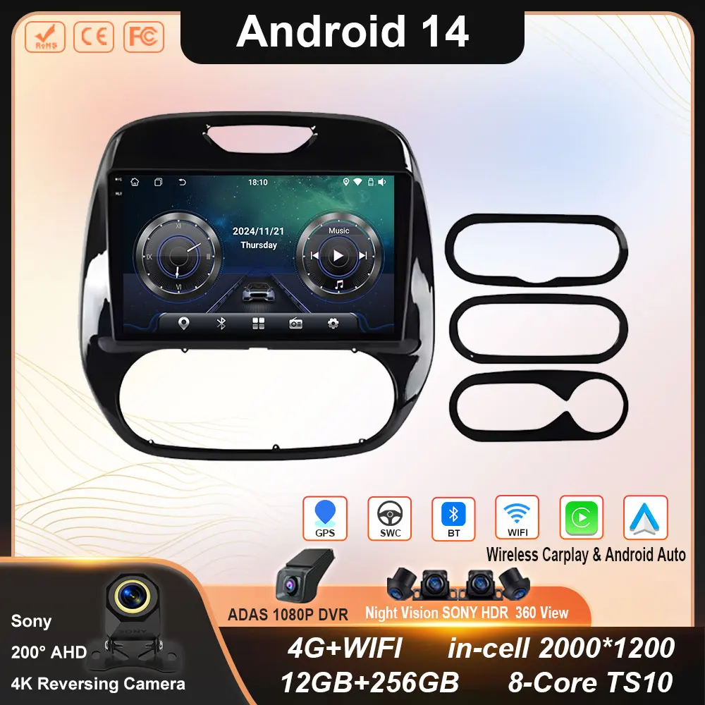 

CarPlay Android 14 For Renault Kaptur Captur Clio Samsung QM3 2013 2014 2015 2016 Navigation GPS BT 4G WIFI QLED Screen No 2din