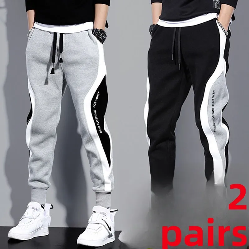 

Мужские спортивные брюки на подкладке, свободные повседневные брюки в стиле пэчворк, осень-зима, с низкой талией, полиэфирное волокно