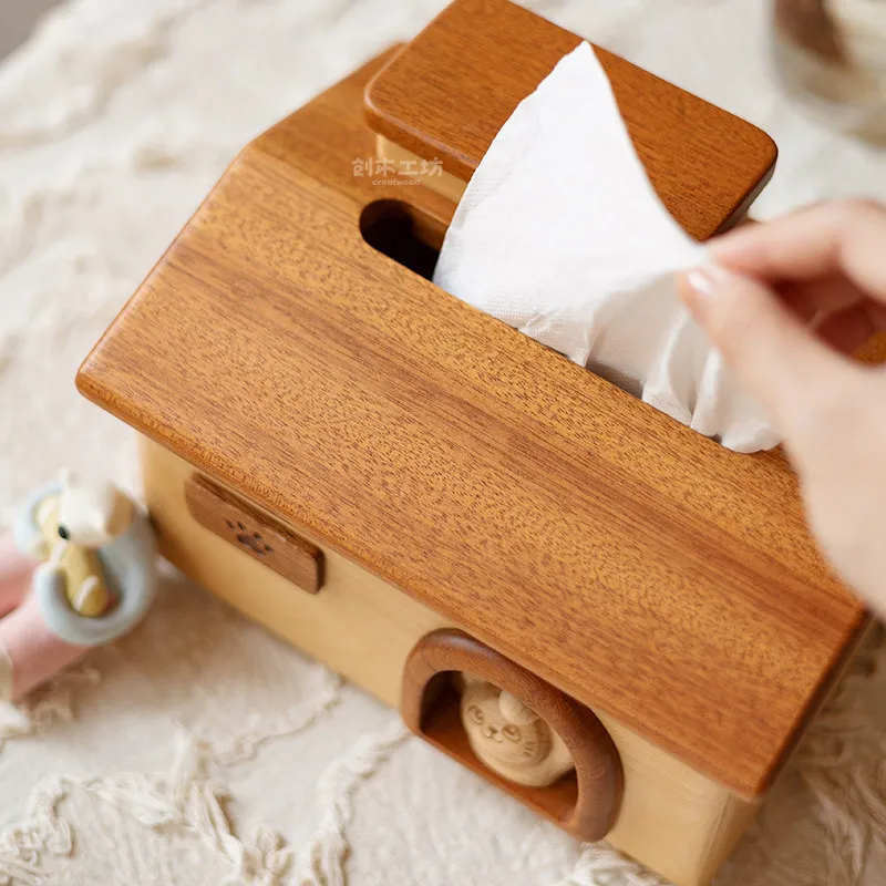 Solid Wood Cat House Tissue Box Creative Cute Little House Napkin Holder Toothpick and Floss Organizer Unique Gift for Friends