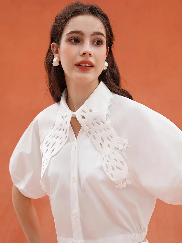 Ladies' Summer Wrinkle Resistant Plant Embroidery V-neck Hollow Breathable Shirt