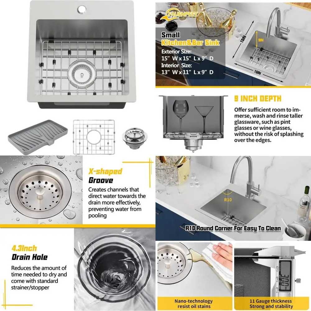 

15x15 Inch Stainless Steel Bar Sink - Drop-In Design for Compact Kitchens, RV, and Prep Areas with Bottom Grid, Soap Mat, and Dr