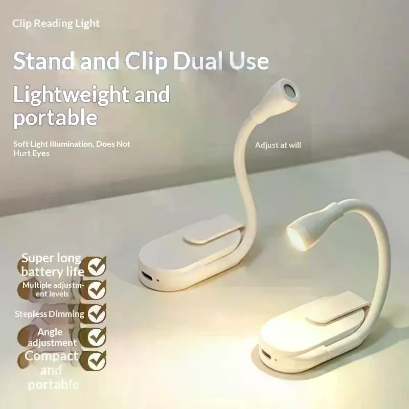 Portable Clip LED Reading Light USB Rechargeable Book Light Clip-on Bed Night Light Stepless Dimmable Eye Protection Desk Lamp