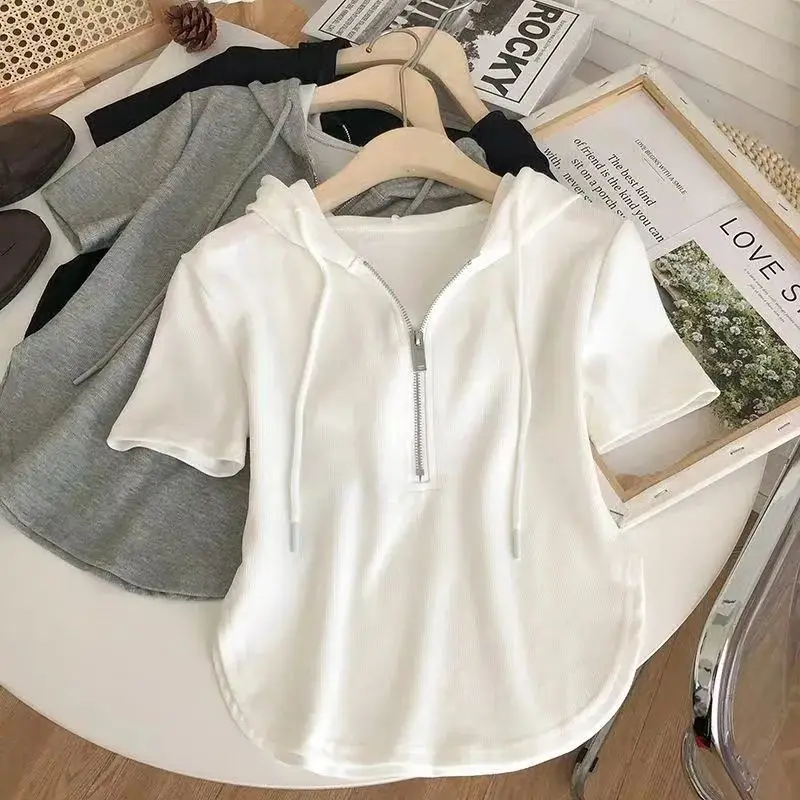 Summer New Pure and Lustful Short Hot Girls Women\'s Clothing 2025 Solid Drawstring Hooded Zipper White Short-sleeved T-shirt Top