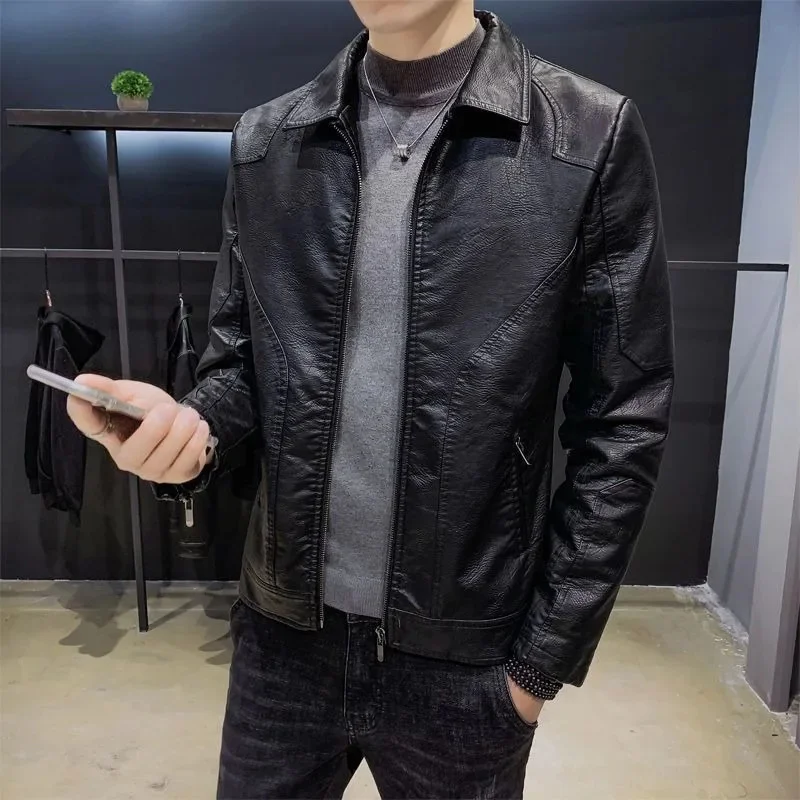 2023 New Men Slim-Fit Coat Large Size Trendy Biker Winter Fleece-Lined Solid Color Casual Leather Jacket