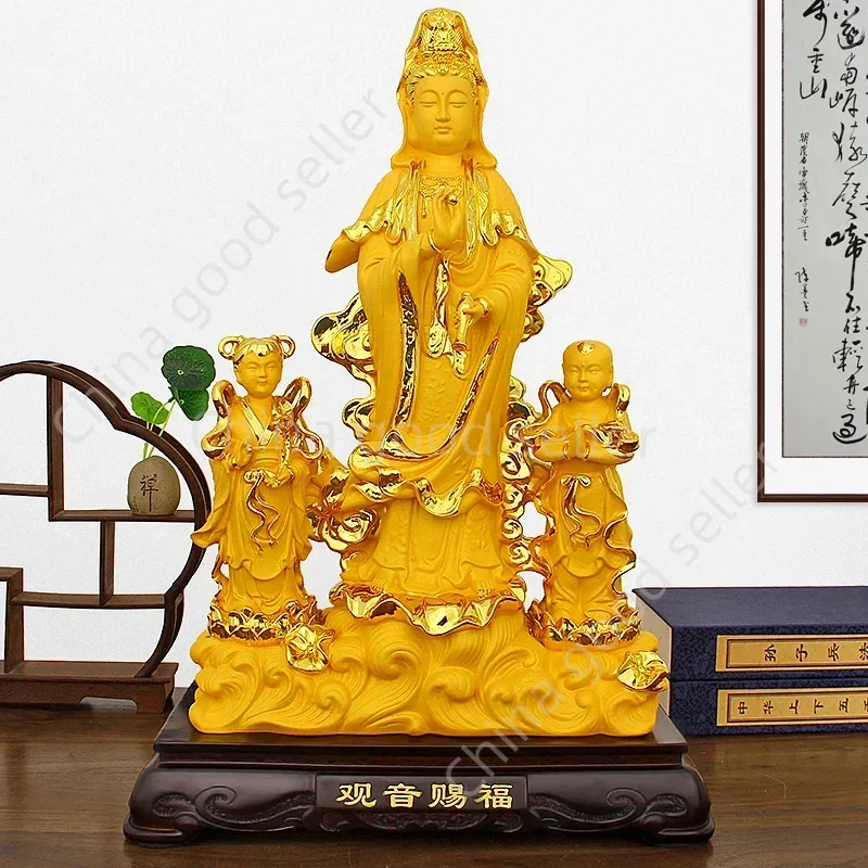 Golden Boy and Jade Girl Guanyin Ornament, Buddha Statue Home Devotion Living Room, Nanhai Seated Lotus Guanyin Bodhisattva