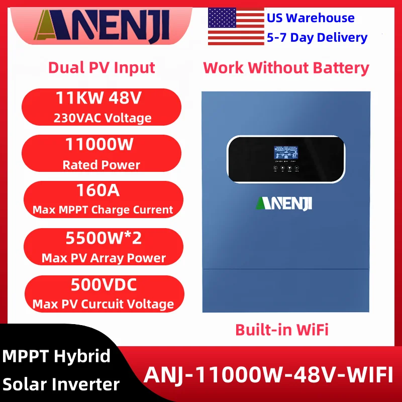 ANENJI 11KW Solar Inverter Hybrid 48v 220v Dual PV Input Built-in 160A MPPT Solar Charge Controller For Home Energy Systems