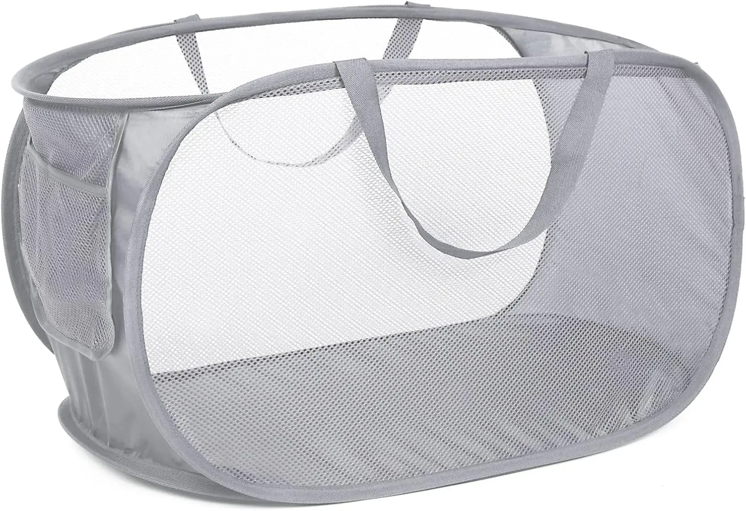 

Folding mesh laundry basket with side pockets, foldable clothes storage basket with reinforced handle