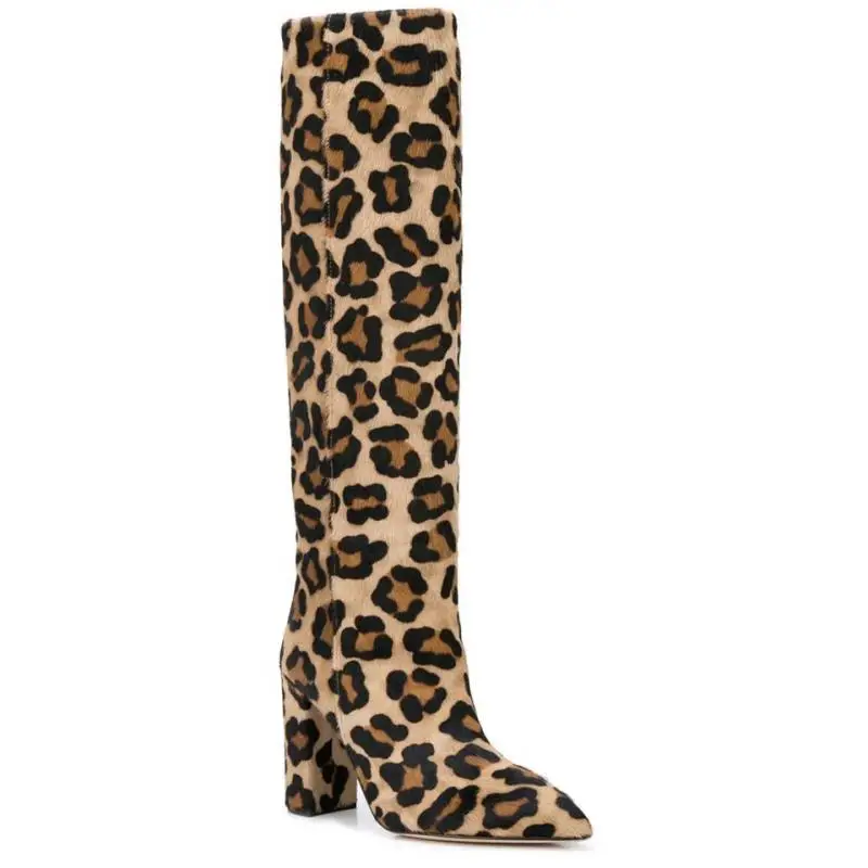 CACA 9.5CM Women's Knee High Sleeve Boots,Long Botas,Sexy Fashion Stage Show Shoes,Crocodile Pattern,Square Heel,Leopard,Purple,