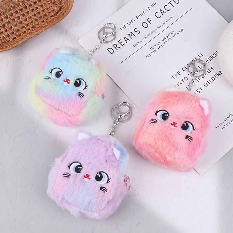 Cute Cat Plush Coin Purse com chaveiro Bolsa de mudança de zíper Pequeno fone de ouvido Saco de batom Mini carteira Bolsa de dinheiro Presente infantil