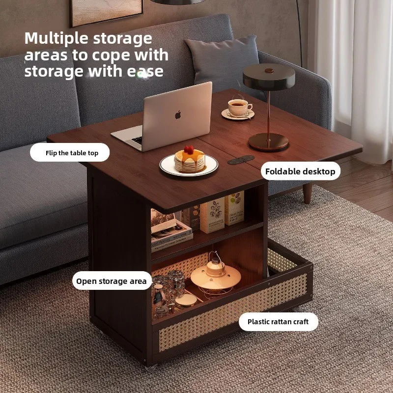Mobile Coffee Table Foldable Table Living Room Household Dining Table Dual-purpose Solid Wood Medieval Cart Coffee Table