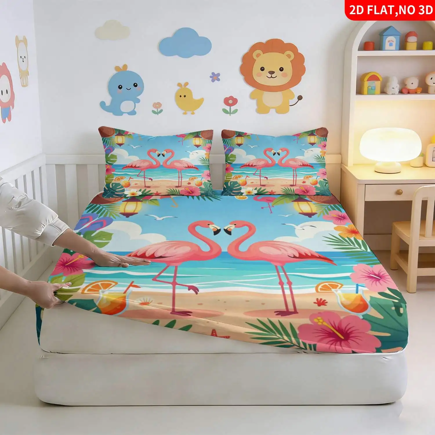 Tropical Flamingo Themed Bedding, Pink, Beach Palm Tree and Coconut Print, Summer Vacation Home Decor, Hotel Resort Bedroom Set 3-Piece Set, Large Deep Pocket 2D Printed Fitted Sheet and 2 Pillowcases, Fitted Sheet Style, Machine Washable Design, Holiday Decoration, Various Sizes, Breathable Protective Cover, Mattress Protector, Fitted Sheet Style, Protective Cover, Mattress Protector, Machine Washable Design, Holiday Decoration, Various Sizes, Breathable Protective Cover Plus Pillowcases