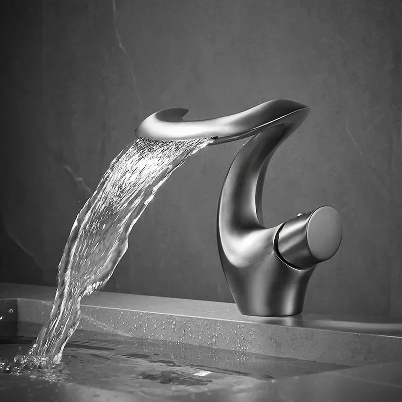 

Bathroom Luxury faucet brushed Hot And Cold Water Mixer Waterfall Basin Bathroom Tap Gun Grey Finish Deck Mount Sink Mixer