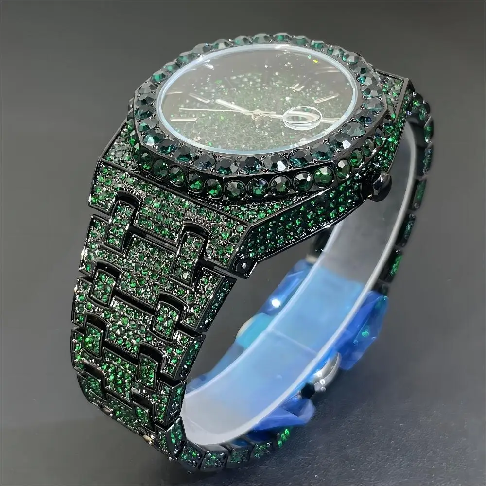 

2024 New Hip Hop Mens Quartz Watch Brand MISSFOX Luxury Automatic Date Iced Out Clocks Man Fashion Green Full Diamond Wristwatch