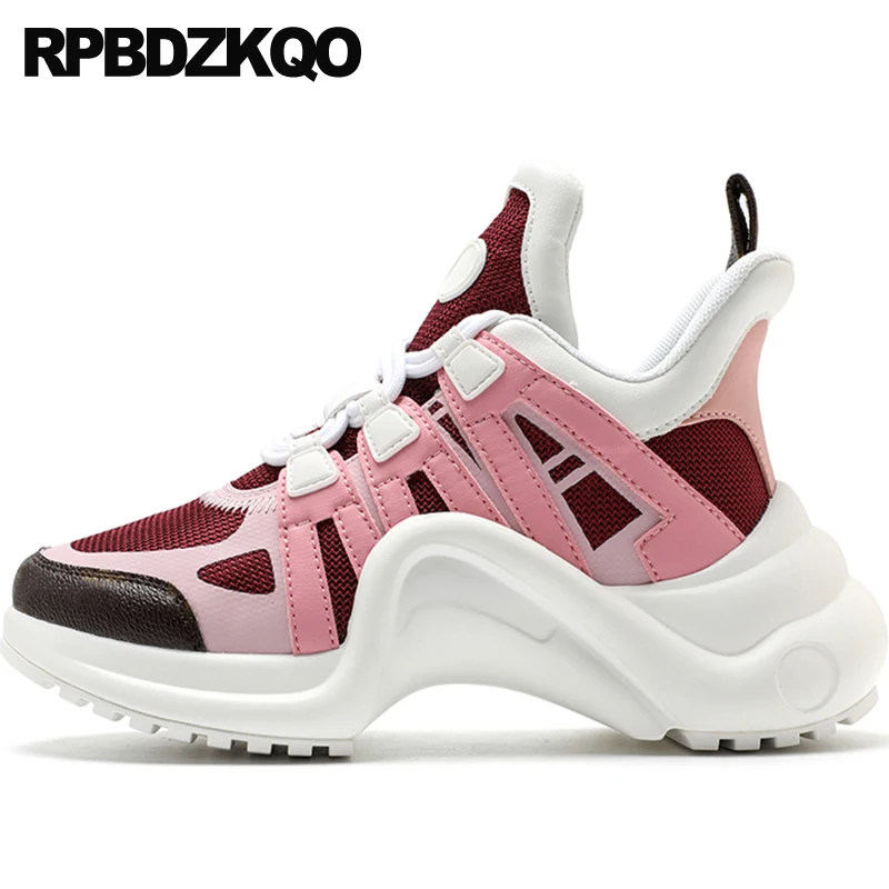 Thick Sole Wedge Trainers Creepers Platform Shoes Comfy Lace Up Harajuku Sneakers Women Breathable Elevator Pink Chinese Mesh