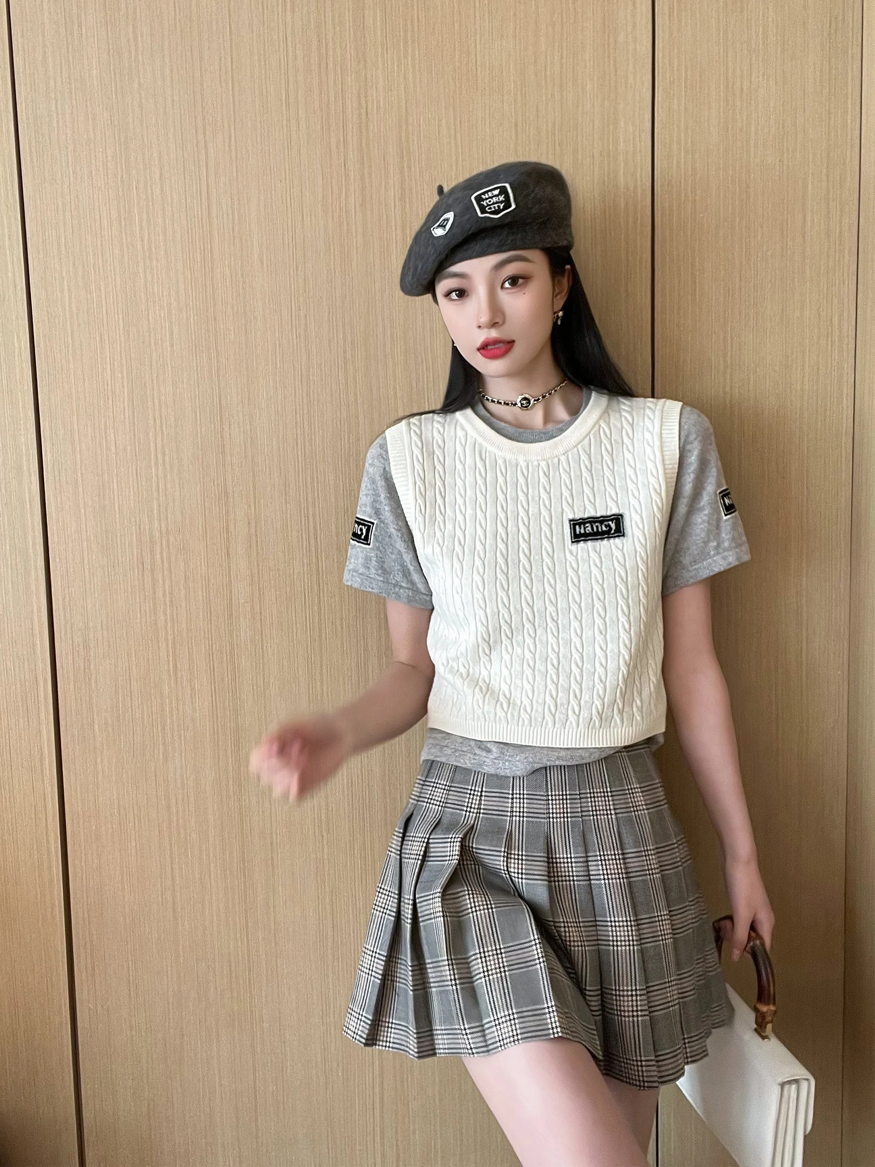 

Юбка-плиссе NancyCavally из австралийской мериносовой шерсти, в клетку Miu, с завышенной талией, А-силуэт, для повседневной носки