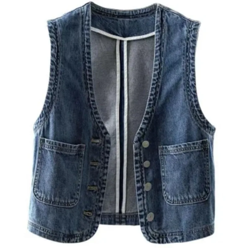 Women Fleece Lined Denim Vest Retro Short Sleeveless Waistcoat Casual Outerwear For Spring Autumn