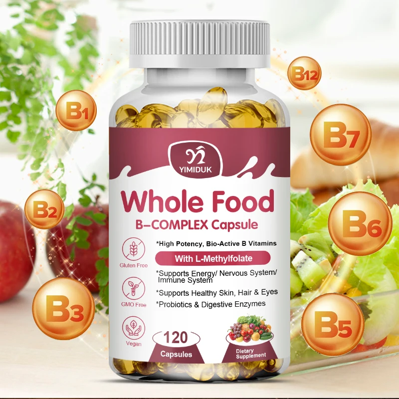 Cápsulas complexas de vitamina B (vitamina B1, B2, B3, B5, B6, B12, Ácido Folico, Biotina, COQ10) Contiene todas as vitaminas B