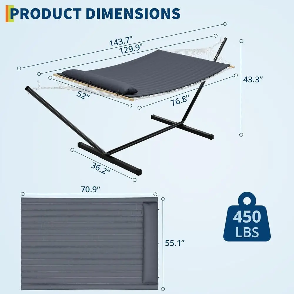Double Hammock with Stand, 450lbs Capacity, 2 Person Cotton Rope Portable Hammock with Polyester Quilted Pad and Pillow, Ideal f